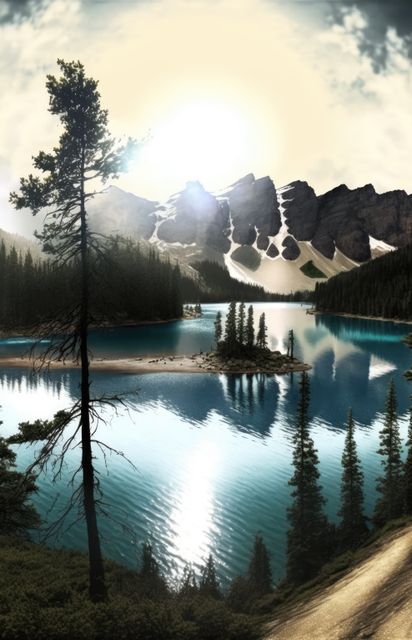 Landscape with mountains, forest and lake created using generative ai technology. Landscape and nature concept digitally generated image.