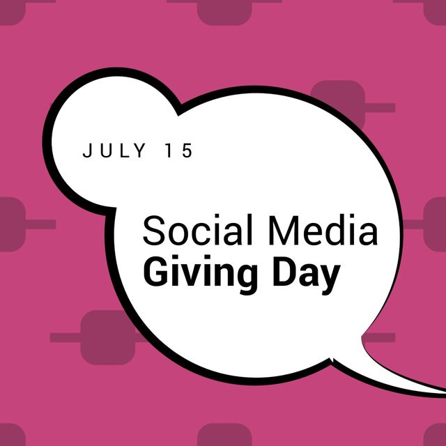 This illustration features the text 'Social Media Giving Day' alongside 'July 15' within a white speech bubble set against a purple background with decorative elements. It is ideal for promoting charitable or fundraising events, notably occurring on Social Media Giving Day. Use this vibrant design to spice up event invitations, social media posts, newsletters, or online advertisements targeted at spreading awareness and encouraging charitable contributions.