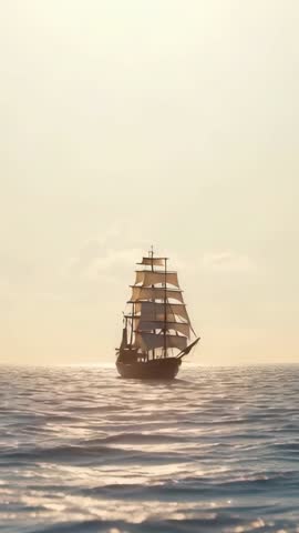 Vertical video: three-masted tall ship sailing at sunrise across calm ocean