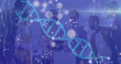 Diverse Business Team with DNA Strand Overlay Conceiving Ideas