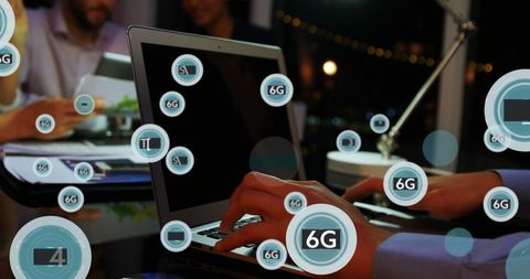 Coworkers Discussing Reports With 6G Symbols Overlay - Download Free Stock Images Pikwizard.com