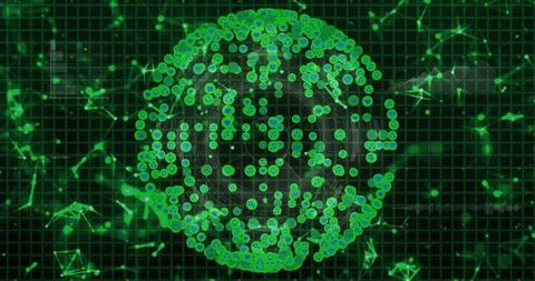 Futuristic digital network sphere with tech icons and glowing nodes