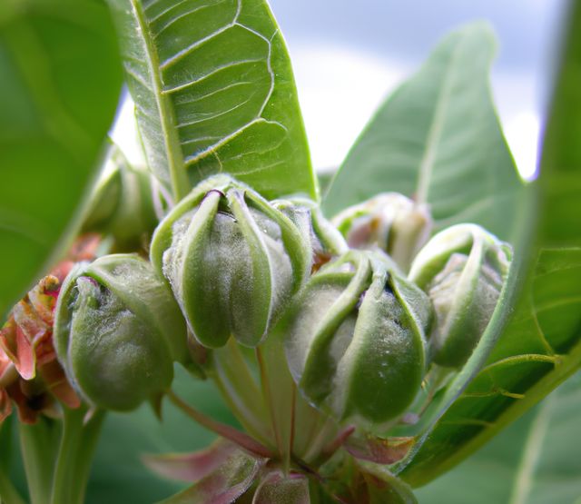 Close-up of green plant buds surrounded by lush leaves, indicating growth and renewal. Perfect for themes related to botany, nature, gardening, and environmental awareness. Ideal for educational materials, websites, blogs, or promotional materials highlighting plant health and botanical studies.