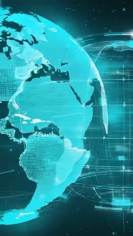 Vertical Rotating Digital Earth with Data Rings and Camera Shift for Tech Broadcast and HUD