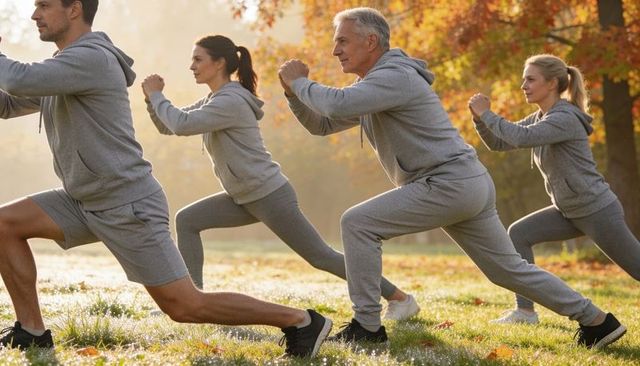 Multigenerational group doing outdoor lunges on dewy grass in autumn fitness session