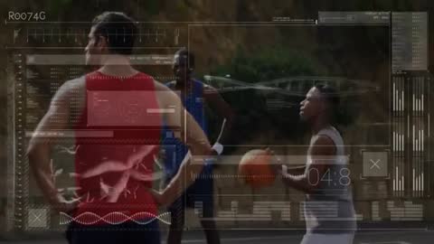 Neighborhood basketball player rising to shoot while HUD analytics tracking shot arc
