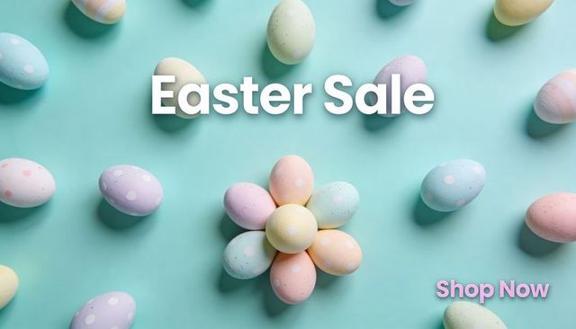 Pastel easter egg flower on mint background featuring easter sale text and shop now