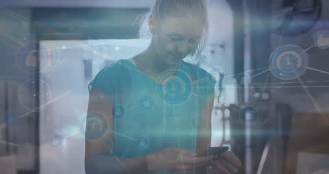 Woman in Gym Using Smartphone with Futuristic Connective Interface
