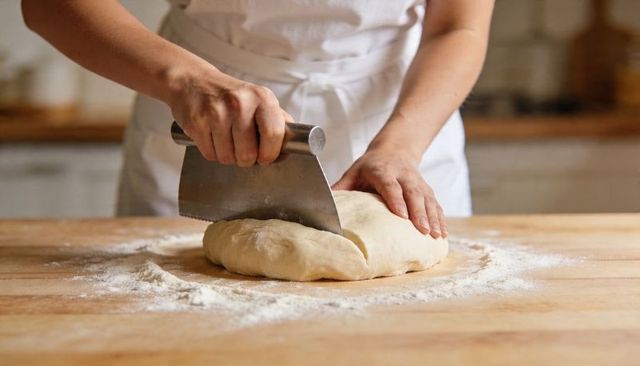 Baker cutting dough with bench scraper on floured wooden counter in rustic kitchen