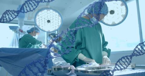 Surgeon preparing instruments in sterile operating room with dna overlay and surgical team