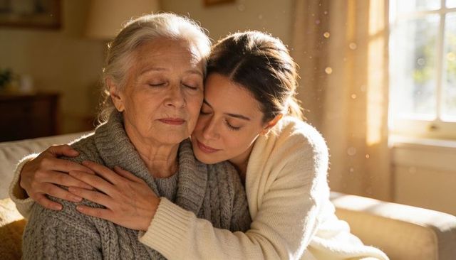 Daughter embracing elderly mother on sunlit sofa showing tender multigenerational bond