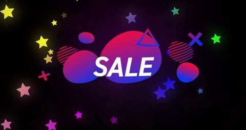 Glowing neon sale banner featuring gradient blobs and floating stars