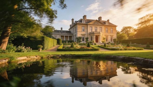 Grand neoclassical manor reflecting in formal garden pond at golden hour with topiaries
