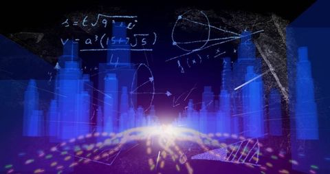 Holographic Cityscape with Futuristic Mathematical Equations