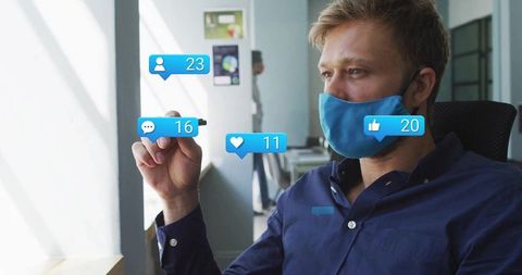 Professional Man Interacting with Digital Social Media Icons