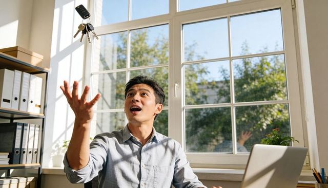 Asian man tossing keys in sunlit home office celebrating new home and remote work