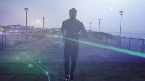 Man Running on Beach Pier with Digital Network Overlay