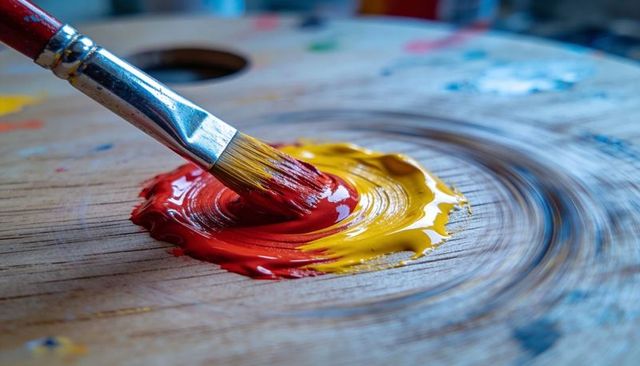 Mixing red and yellow paint with flat brush on wooden palette close-up vibrant color swirl