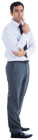 Transparent Businessman Holding Eyeglasses in Thoughtful Pose