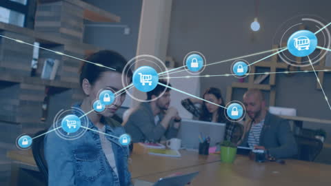 Network of Digital Icons in Modern Office Setting