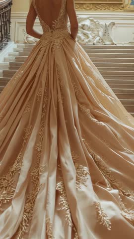 Ivory bridal train cascading while bride climbs grand staircase, adjusting skirt