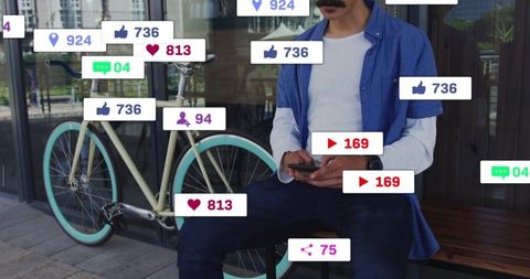 Connected Man with Phone and Bicycle Amidst Social Media Icons