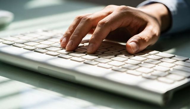 Hands Typing on Slim White Keyboard with Soft Blinds Shadows in Natural Sunlight
