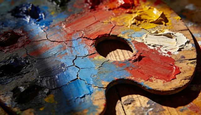 Worn wooden artist palette with cracked multicolor oil paint and impasto texture