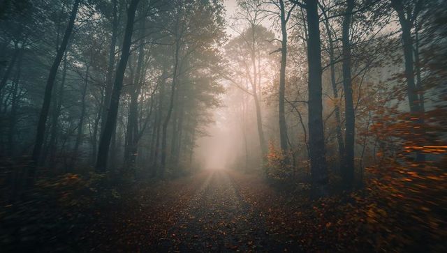 Mystical Foggy Forest Path in Autumn Woodland Atmosphere