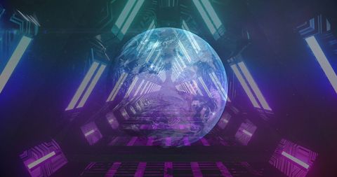 Futuristic neon tunnel featuring digital globe rotation