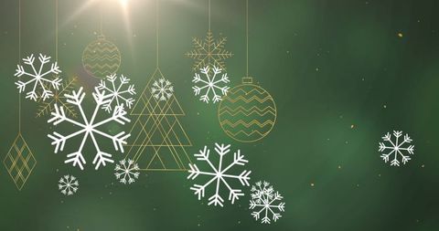 Elegant Green Background with Snowflakes and Christmas Ornaments