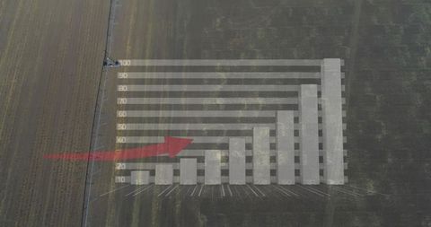 Drone surveying farmland with translucent bar chart overlay and red growth arrow