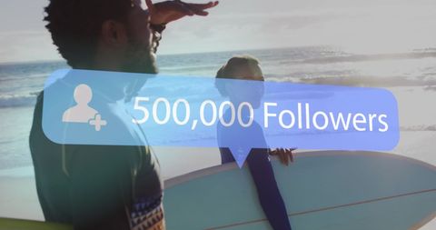 African American Couple with Surfboards Celebrating Social Media Success