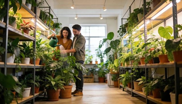 Couple watering tropical plants in urban plant shop with grow lights and terracotta pots