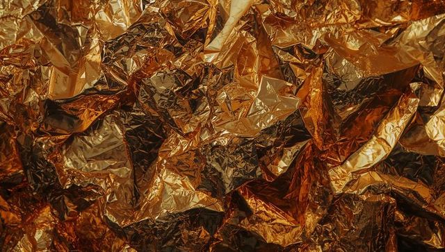 Crumpled metallic gold foil forming abstract textures