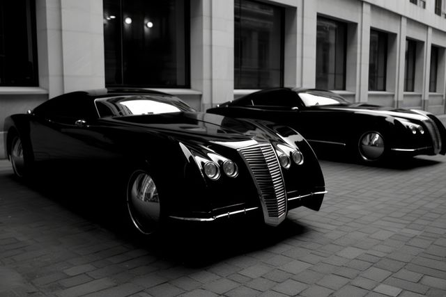 Two sleek black vintage cars parked outdoors, showcasing classic design. The vehicles exude luxury and timeless style, appealing to car enthusiasts and collectors.