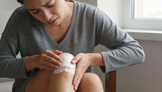 Asian woman applying bandage to knee at home inspecting wound for first aid care