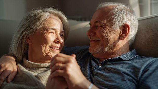 Sunlit senior couple holding hands and sharing tender smile relaxing on cozy sofa at home