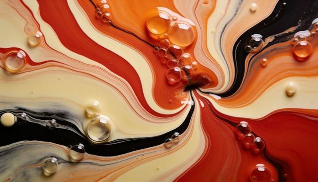 Macro glossy paint vortex with cream, red, orange and black ribbons with oil droplets