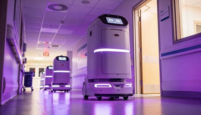 Autonomous hospital delivery robots navigating illuminated corridor with open patient door