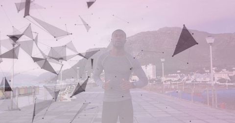 Digital Interface with Athlete Running Outdoors Promenade