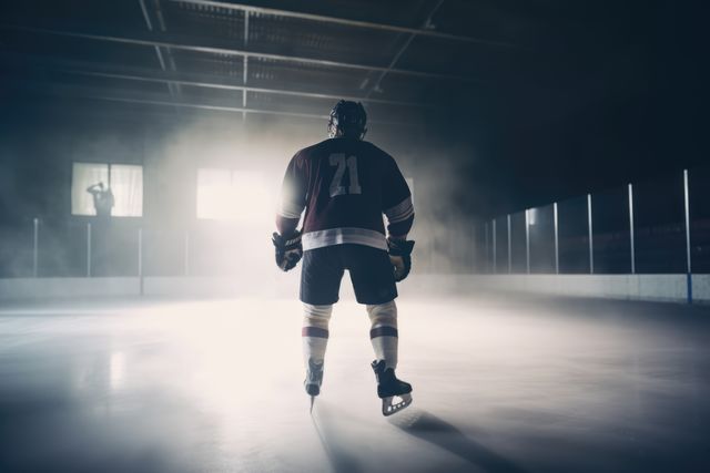 A hockey player stands on ice, backlit in a rink. Captured in a moment of focus, the athlete's silhouette exudes determination and skill.