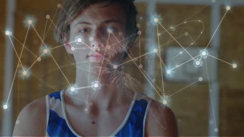 Connected Student in Sports Uniform Surrounded by Digital Network Overlay