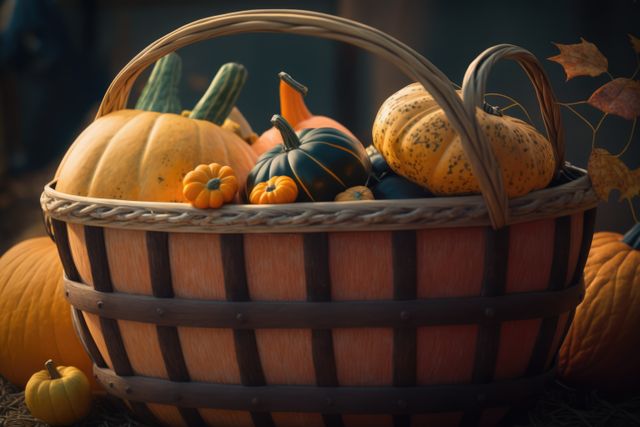 A sturdy wooden basket filled with a variety of colorful pumpkins and gourds, set against a warm autumn background. Ideal for showcasing fall season, harvest festivals, thanksgiving decorations, and rustic country lifestyle themes.