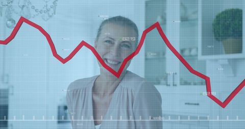 Senior woman smiling with financial data overlay
