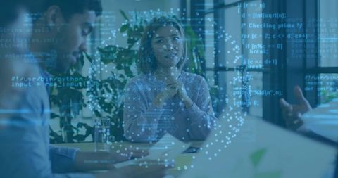 Team Meeting in Modern Office with Digital Overlay