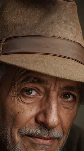 Vertical video pulling back to reveal elder man blinking in fedora, reflecting nostalgia