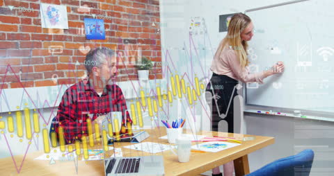 Business Collaboration with Graphic Data Overlay in Modern Office