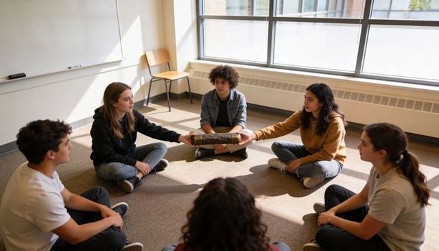 High school teens passing decorated talking stick while sitting in sunlit classroom circle