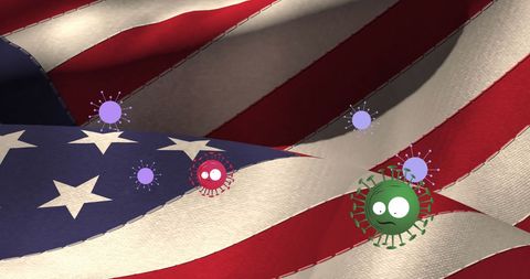 Virus Cells Overlapping U.S. Flag Illustrating COVID-19 Impact